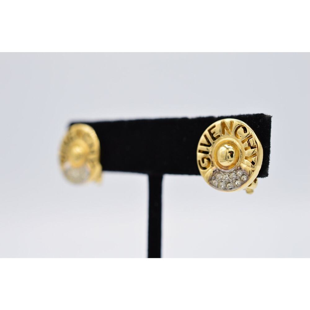 Givenchy Vintage Logo Clip Earrings Gold Rhinestone Crystal Round Signed BinAE - Picture 2 of 10